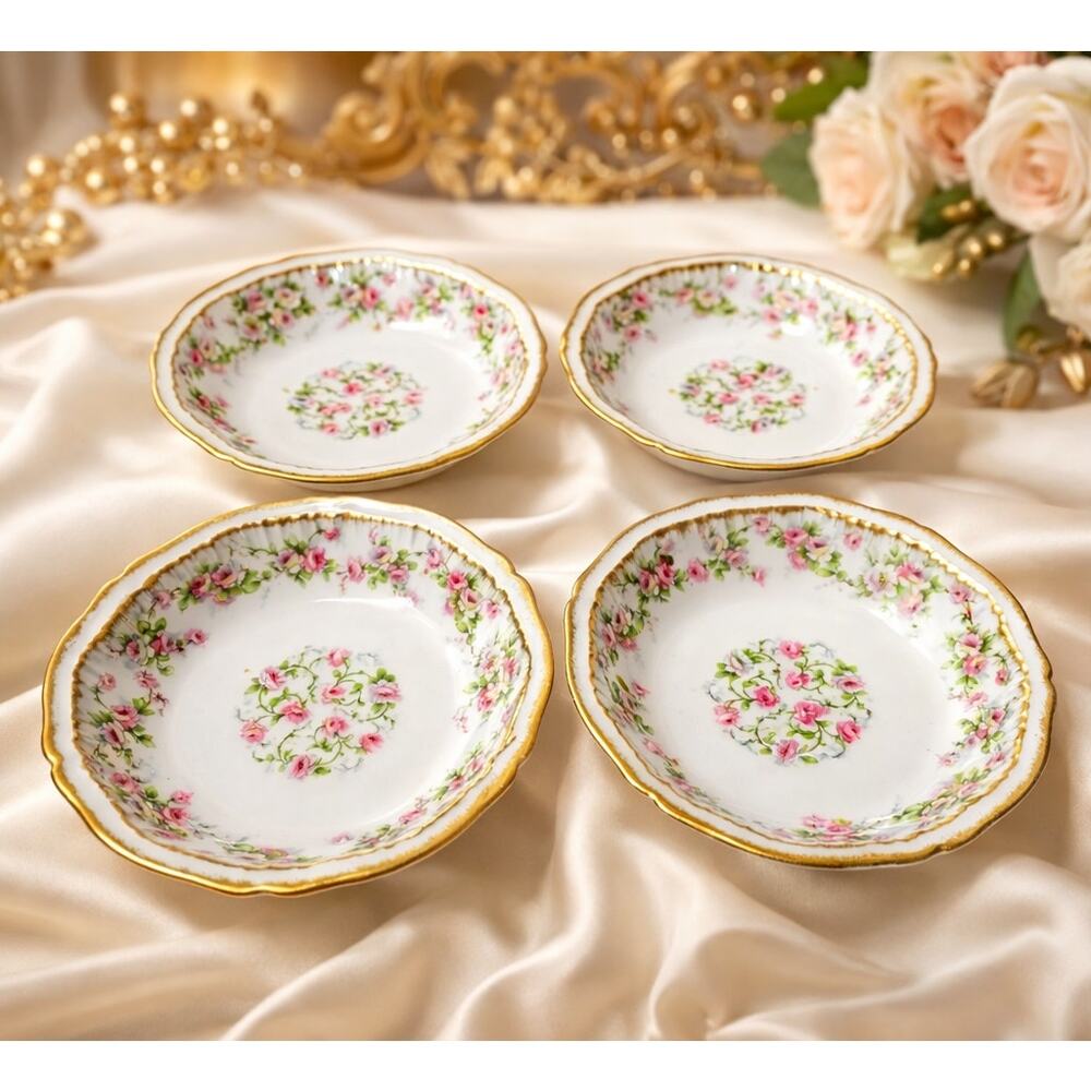 Set of 4 Theodore Haviland Schleiger #844 Berry Bowls Pink Roses w/Gold Edge